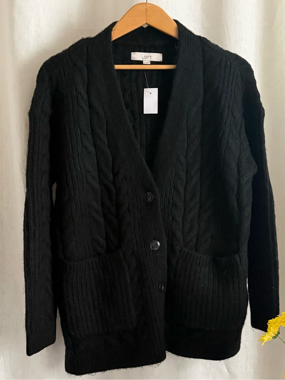 NWT LOFT Cable Knit Cardigan Small Black Oversized Chunky Button Pocket Sweater